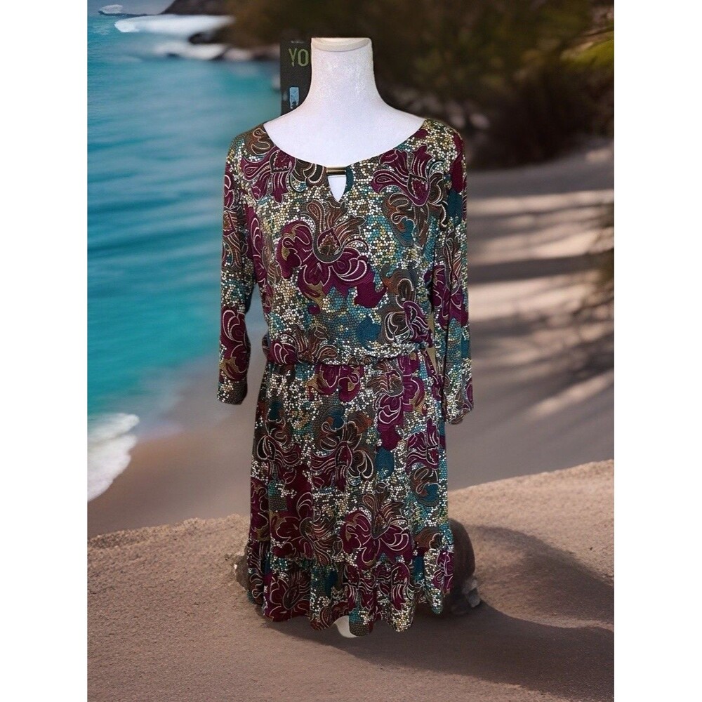 MSK Petite Print Beaded Keyhole 3/4 Sleeve Elastic Waist Ruffled Hem Dress M/L
